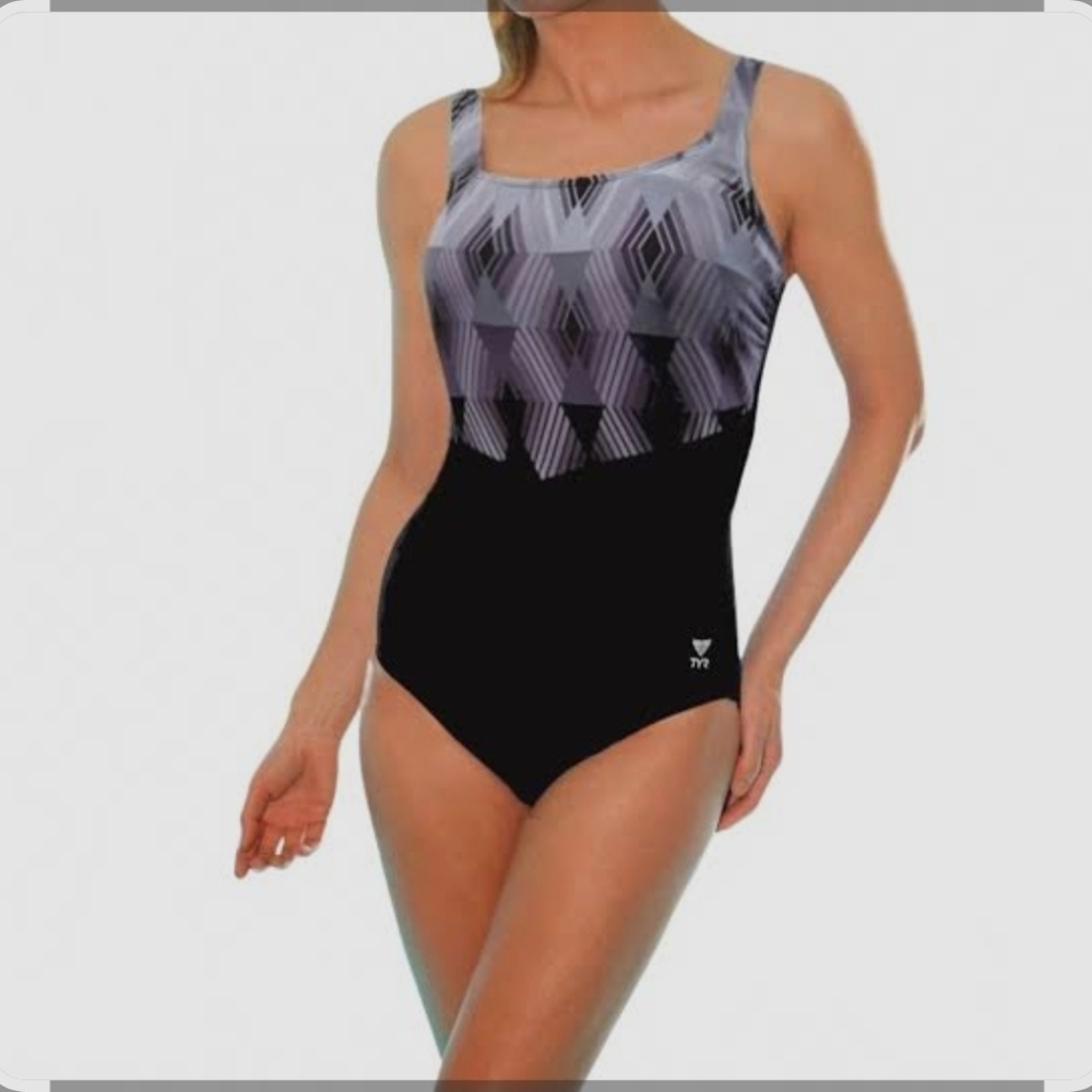TYR Durafast Women's Stirling Aqua Controlfit 1 Pc Swimsuit, Gray, Size 8 New